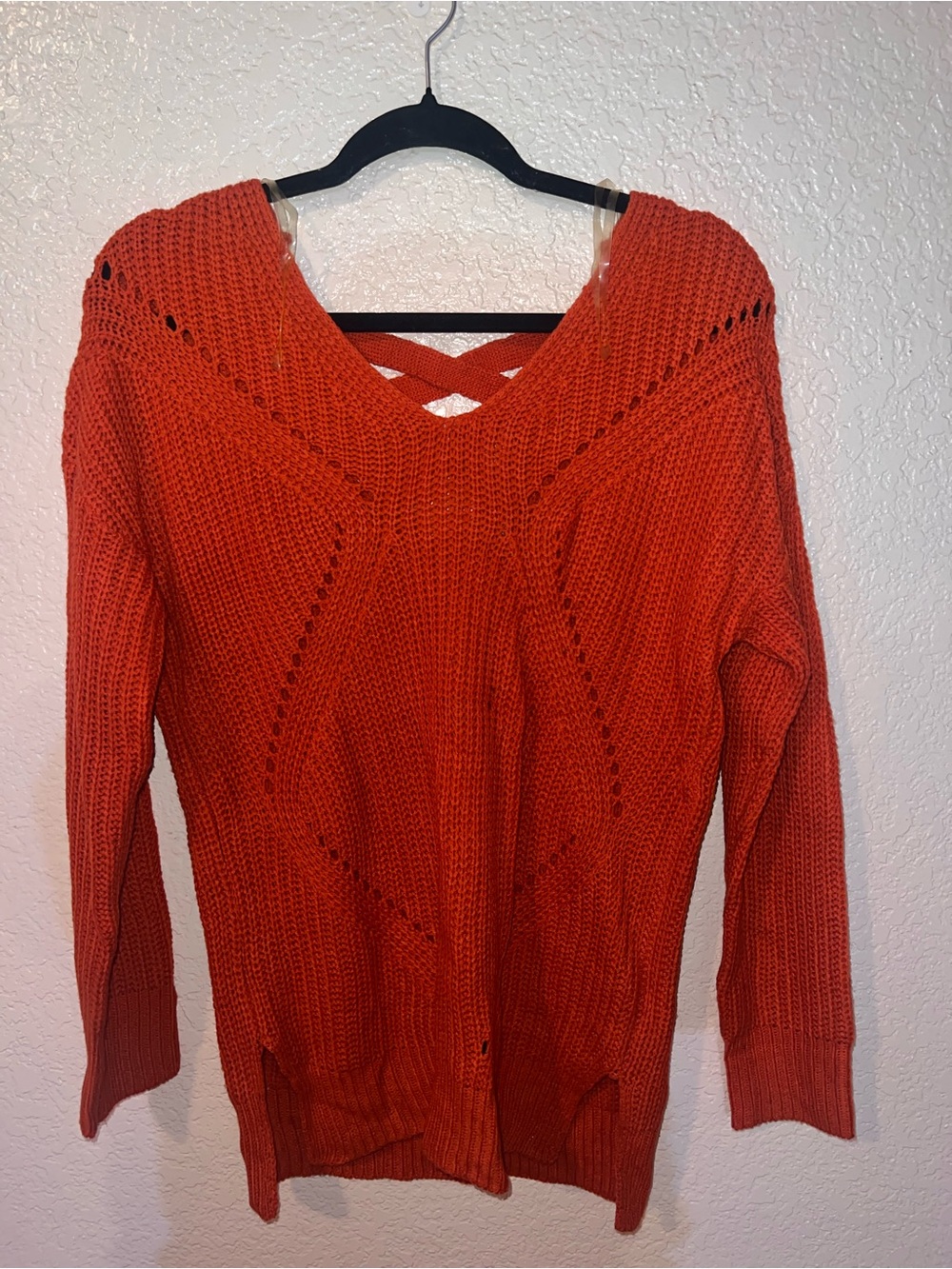 Charlotte Russe Orange Open-Knit V-Neck Sweater with Crisscross Back
